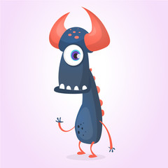 Cute happy cartoon black monster with one eye. Vector illustrations.