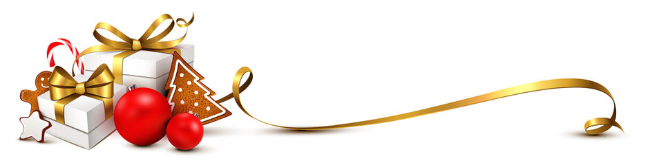Weihnachtsgeschenke mit Plätzchen, Zuckerstange, Weihnachtskugel und Gold Schleife - 