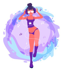 Vector fashion illustration of beautiful young tanned girl in full growth in a swimsuit, sunglasses and with headphones on watercolor waves background.