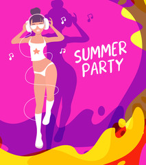Vector colorful illustration of fashion beautiful girl in full growth in a swimsuit, with headphones and sunglasses on bright waves background.
