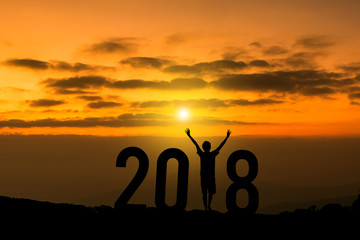 Happy new year 2018 concept, Silhouette a man feel successful and step in to the future on the mountain