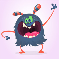 Angry cartoon black monster screanimg and waving hand. Yelling angry monster expression. Halloween character. Vector illustrations.