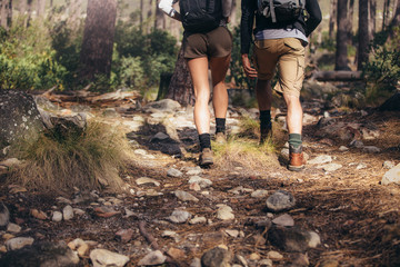 Hiking couple walking on rocks in forest wearing backpacks