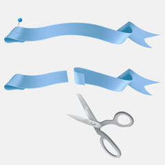 Whole and cut with scissors on two pieces blue silk or satin ribbon realistic vector illustration isolated on white background. Grand opening, start-up beginning, event celebrating design element