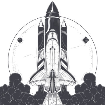 Space shuttle take-off with fire and smoke exhaust from engines engraved vector illustration on white background. Modern spacecraft launch, reusable spaceship with carrier rocket start print or tattoo