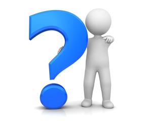 question mark blue 3d interrogation point with stick man pointing at camera at you asking sign question symbol isolated on white