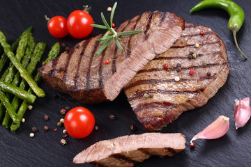 barbecued beef steaks cut in pieces