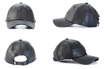 Collection of black leather baseball caps isolated on white background, concepts of beauty, fashion and sport object.