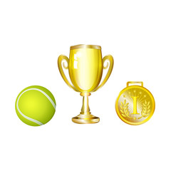 vector flat cartoon sport equipment set. Tennis ball , golden winner cup and first place medal trophy award objects . Isolated illustration on a white background