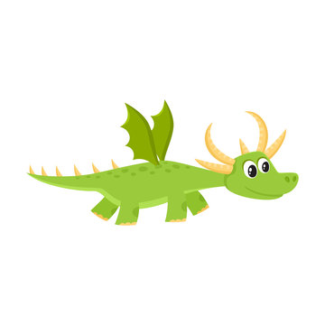 vector flat cartoon funny green dragon kid with horns and wings flying. Isolated illustration on a white background. Fairy mysterious cute creature character for your design