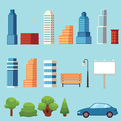 vector flat urban city objects set. Different buildings Skyscrapers, office centers shopping mall, city apartments houses, trees , car billboard bench and streetlight. Illustration on blue background