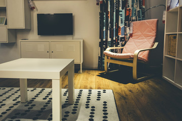 interior concept in storehouse showroom or modern warehouse with vintage tone.shot under low light