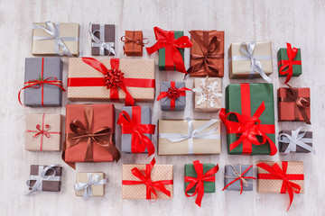 Lots of Gift boxes background, christmas presents in paper