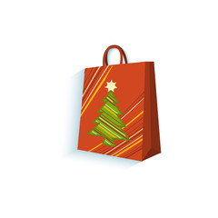 vector flat present gift glossy paper shopping bag with christmas tree image. Isolated illustration on a white background. Winter sybols concept