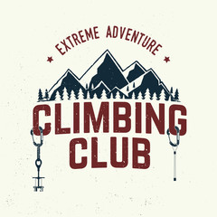 Vintage typography design with carabiners, condor and mountain silhouette.