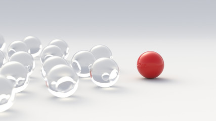 Leadership, success, and teamwork concept, red leader ball leading glass balls. 3D Rendering.