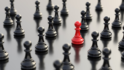 Leadership, success, and teamwork concept, red pawn of chess, standing out from the crowd of black pawns. 3D rendering.