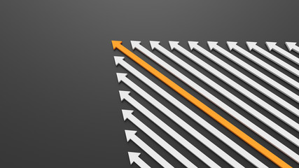Leadership, success, and teamwork concept, orange leader arrow leading white arrows, on black background. 3D Rendering.