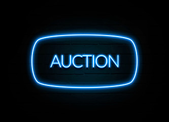 Auction  - colorful Neon Sign on brickwall