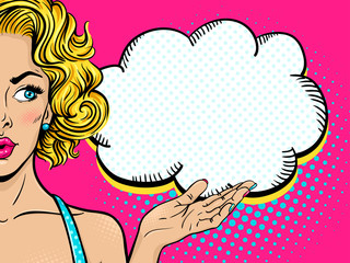 Wow female face. Sexy surprised young woman with open mouth and blonde curly hair looking at empty speech bubble. Vector bright background in pop art retro comic style. Party invitation poster. - 176855898