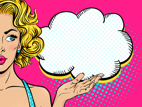 Wow female face. Sexy surprised young woman with open mouth and blonde curly hair looking at empty speech bubble. Vector bright background in pop art retro comic style. Party invitation poster.