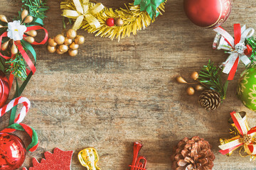 Christmas theme background in vintage tone. Rustic wood background for Christmas with copy space for your design. Old wood texture decorated with Christmas theme use for wallpaper and product display.