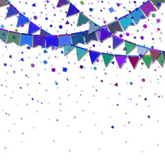 Obraz premium Bunting party flags. Elegant celebration card. Blue and purple holiday decorations and confetti. Bunting party flags vector illustration.