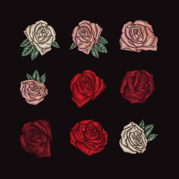 Roses embroidery on black background.