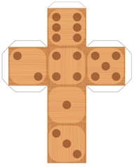 Dice template - model of a wood style cube to make a three-dimensional wooden textured handicraft work out of it. Isolated vector illustration on white background.