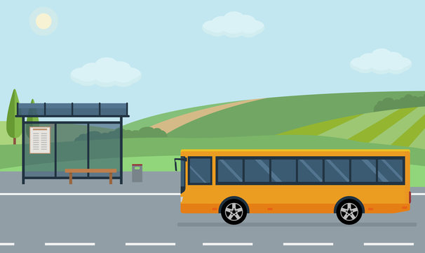Rural landscape with road, bus stop and moving bus. Flat style vector illustration.
