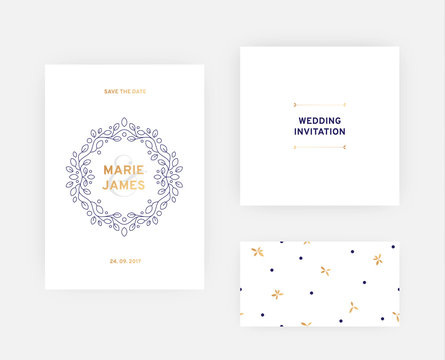 Modern floral wedding card template, flyer with design element and seamless pattern. Vector illustration