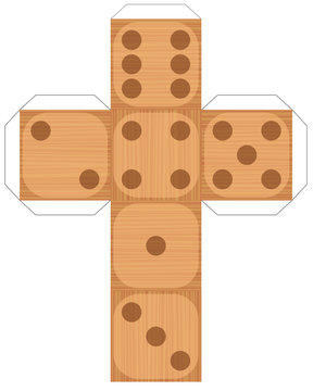 Dice template - model of a wood style cube to make a three-dimensional wooden textured handicraft work out of it. Isolated vector illustration on white background.