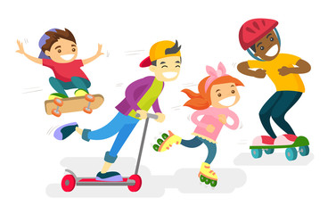 Group of happy multiethnic children playing outdoor. African-american, caucasian white and Asian boys and girl riding a skateboard, kick scooter and roller skates. Vector isolated cartoon illustration