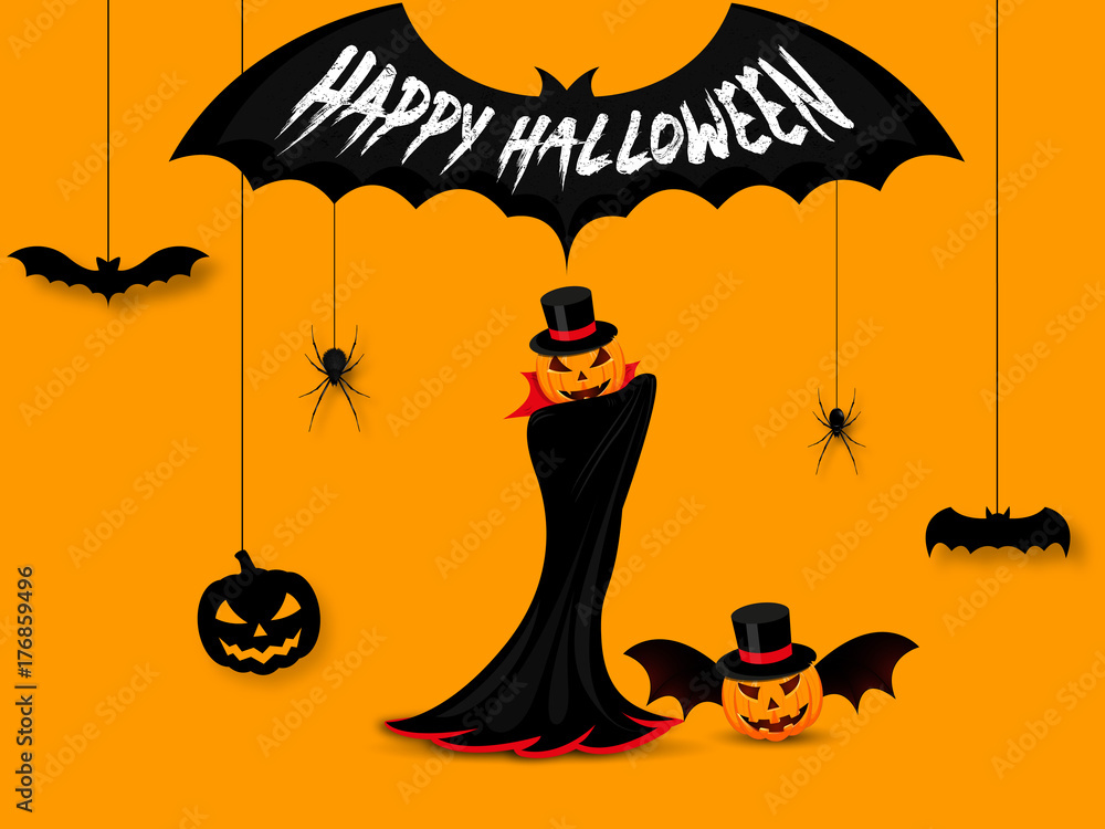 Wall mural happy halloween text banner. vector illustration of halloween signs and symbols on orange background