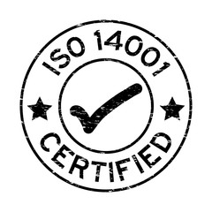 Grunge black ISO 14001 certified with mark icon round rubber seal stamp on white background