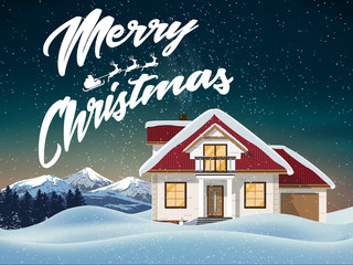 Naklejka premium Happy New Year and Merry Christmas. Christmas greeting card with congratulation on the background of house in the snow, forest and mountains. Vector illustration.