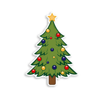 Happy New Year and Merry Christmas. Christmas tree on the white background. Holiday sticker.