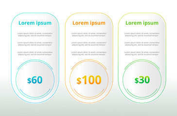 three tariffs UX. Interface for the site. Vector banner for web app. Pricing table, banner, order, box, button, list and bullet with plan for website.