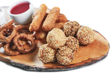 appetizers to beer. fried squid rings, cheese ball and sauces
