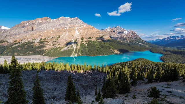 Beautiful turquoise waters of the Peyto Lake in Rocky Mountains, Banff National Park, Canada.