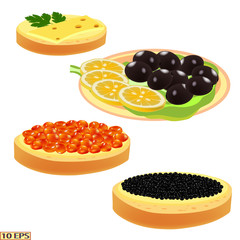Red caviar and black. Salmon caviar and sturgeon caviar. Sandwich with caviar isolated on white background.  Vector illustration.