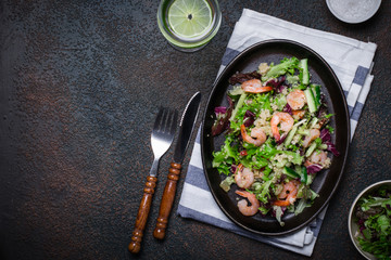 Fresh quinoa vegetables salad with shrimp.  Clean healthy detox eating.