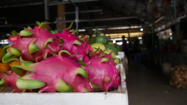 Closeup of fresh raw dragon fruit at the local Vietnamese market