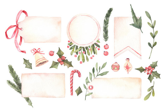 Watercolor illustration. Decorative christmas elements with floral elements, christmas decorations, champagne, labels etc. Perfect for invitations, greeting cards.