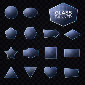 Blue glass plates set. Triangle square rectangle hexagon, pentagon, star, heart, circle textured frames with glow and light on transparent background. Technology shapes. Realistic vector illustration.