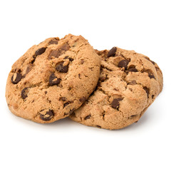 Three Chocolate chip cookies isolated on white background. Sweet biscuits. Homemade pastry.