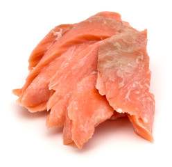 smoked salmon segments isolated on white background cutout. Prepared fish fillet fibres.
