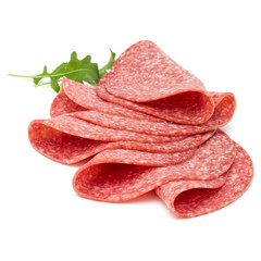 Salami smoked sausage slices isolated on white background
