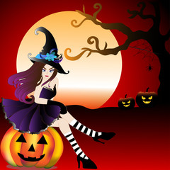Vector and illustration of beautiful Halloween witch lady wearing fancy black dress and witch hat sitting on Halloween pumpkin with silhouette of pumpkin lanterns and dead tree against full moon 