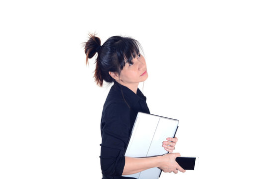 Asian business woman holding laptop and smartphone isolate on white background